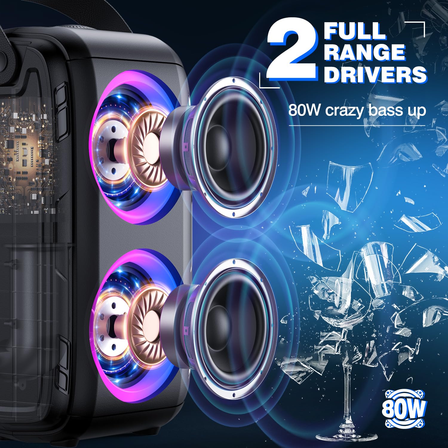 W-KING Bluetooth Speaker Wireless with 2 Full-Range Drivers-Super Bass, 80W Portable Party loud Outdoor Speaker with LED Lights, Huge 105dB Sound, IPX5 Big Large Speaker, 24H, U-Disk,