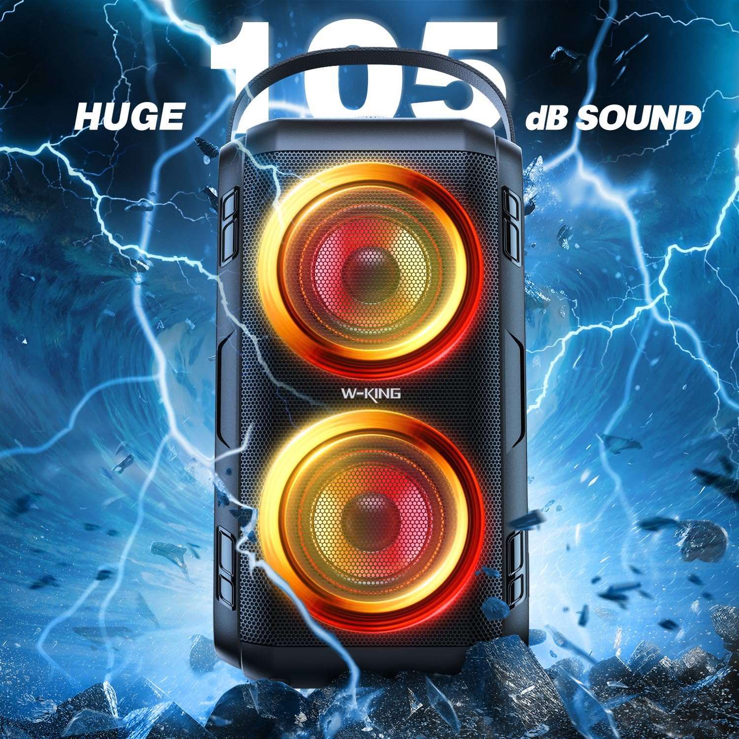 W-KING Bluetooth Speaker Wireless with 2 Full-Range Drivers-Super Bass, 80W Portable Party loud Outdoor Speaker with LED Lights, Huge 105dB Sound, IPX5 Big Large Speaker, 24H, U-Disk,