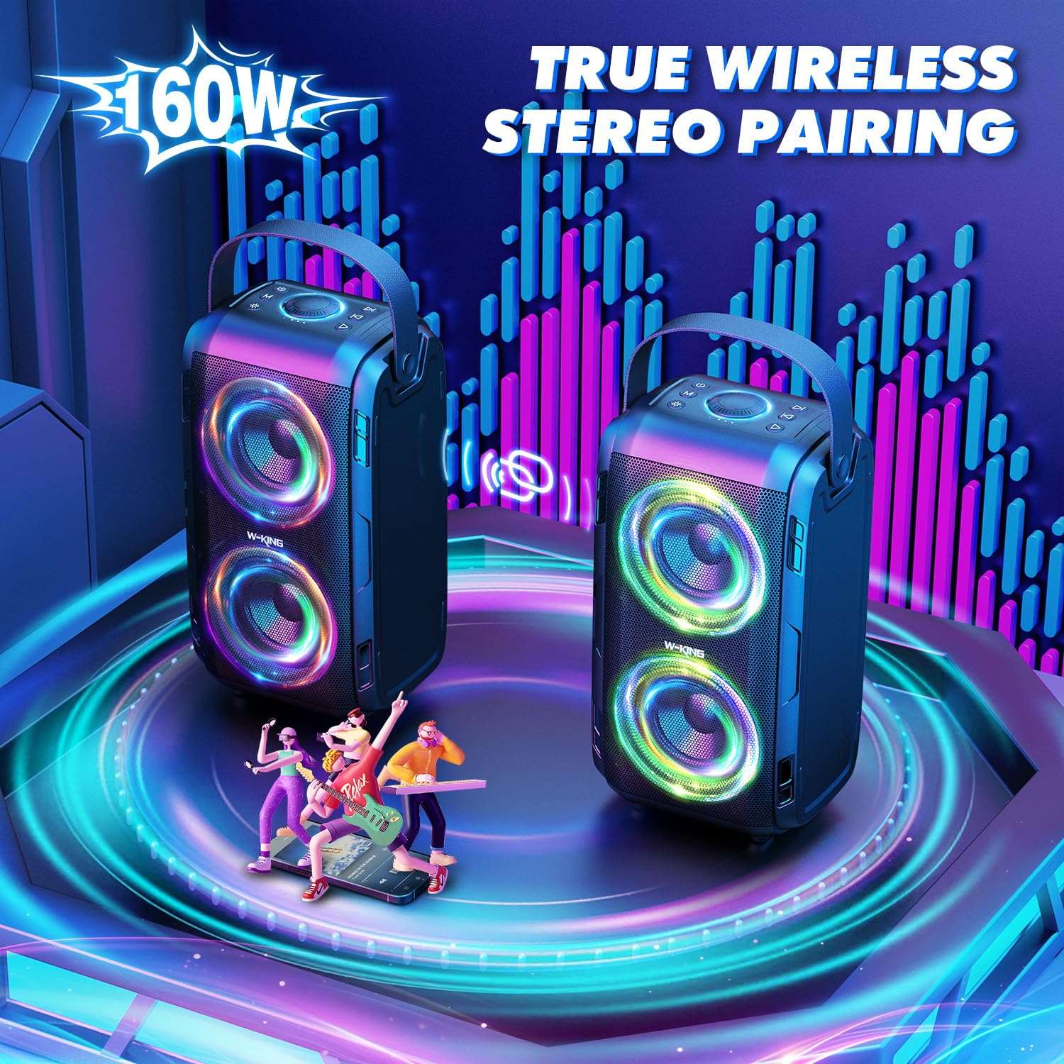 W-KING Bluetooth Speaker Wireless with 2 Full-Range Drivers-Super Bass, 80W Portable Party loud Outdoor Speaker with LED Lights, Huge 105dB Sound, IPX5 Big Large Speaker, 24H, U-Disk,