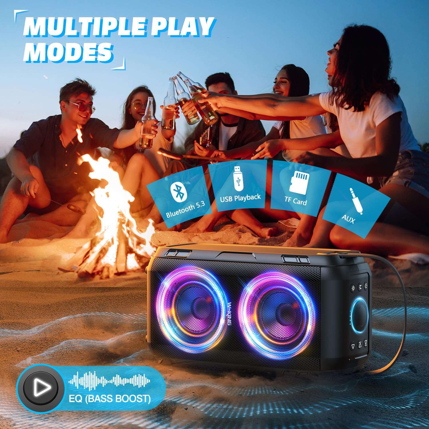 W-KING Bluetooth Speaker Wireless with 2 Full-Range Drivers-Super Bass, 80W Portable Party loud Outdoor Speaker with LED Lights, Huge 105dB Sound, IPX5 Big Large Speaker, 24H, U-Disk,