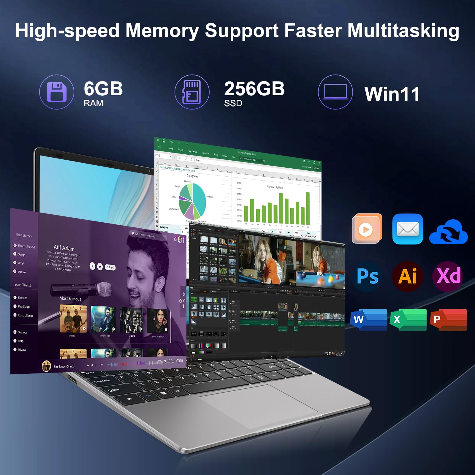 HUQPPQ 14 Inch Laptop Celeron N4020 Processor 6GB RAM 256GB SSD WIN11 Laptops | FHD 1920×1080 IPS Display | WiFi 5, USB 3.0, Webcam